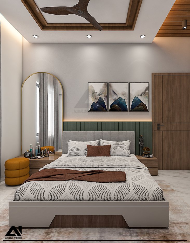 Modern bedroom interior with decorative wall design for client Mr Kaluram Kumawat