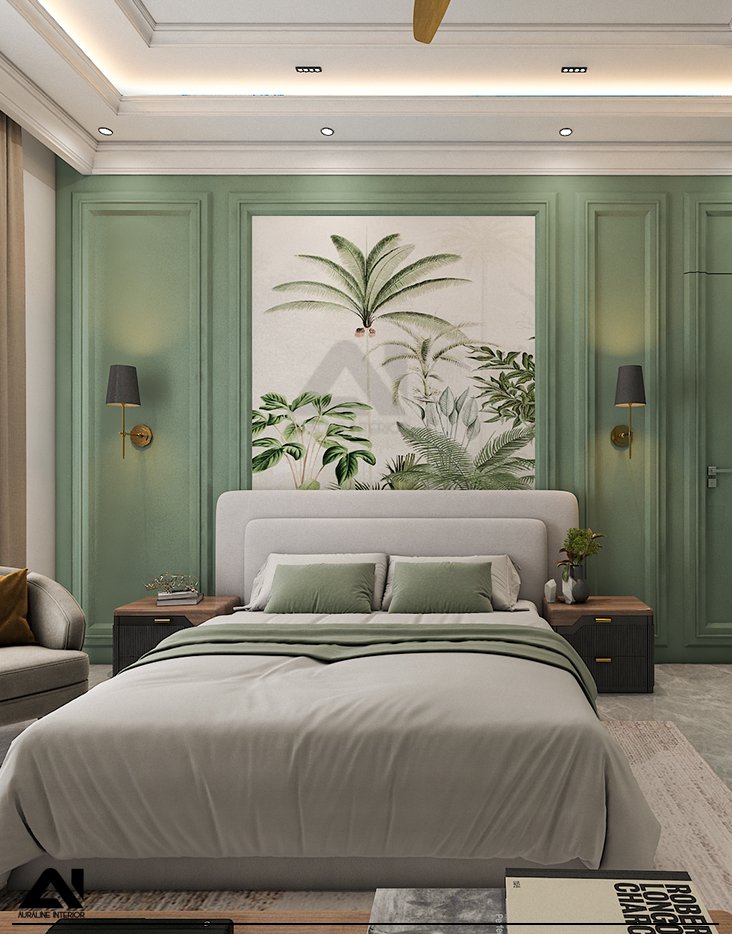 Modern bedroom interior with green wall design for client Mr Neeraj