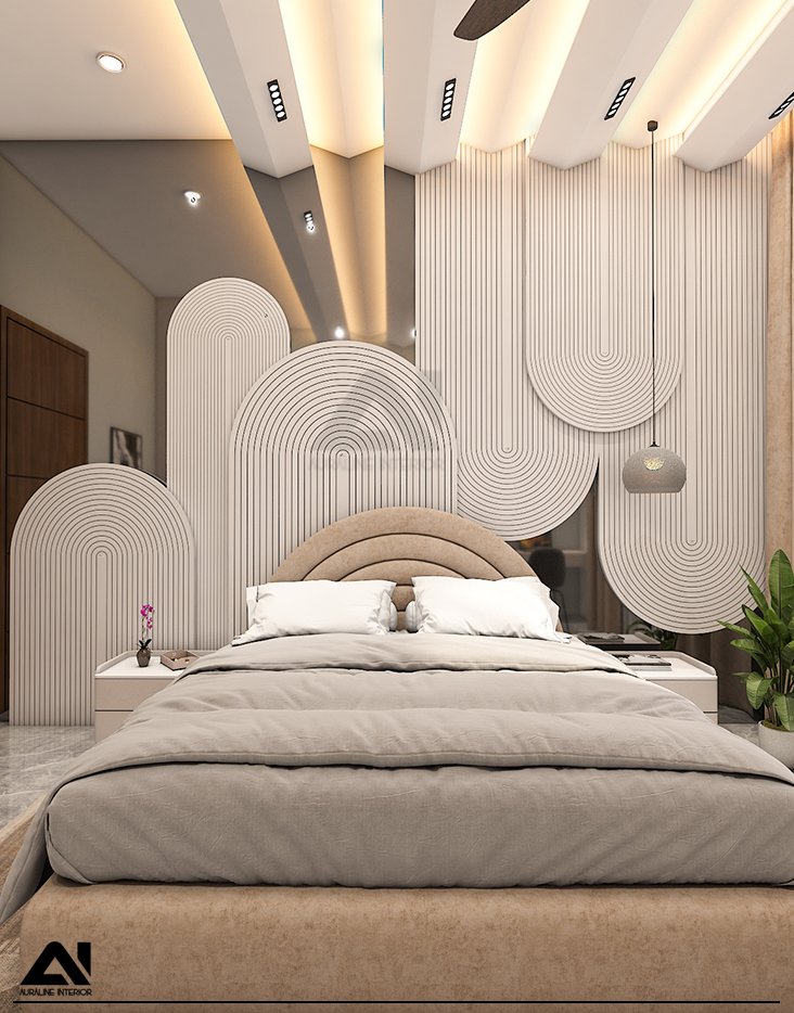 Modern bedroom interior with decorative wall panels for client Mr Rakesh Kakani