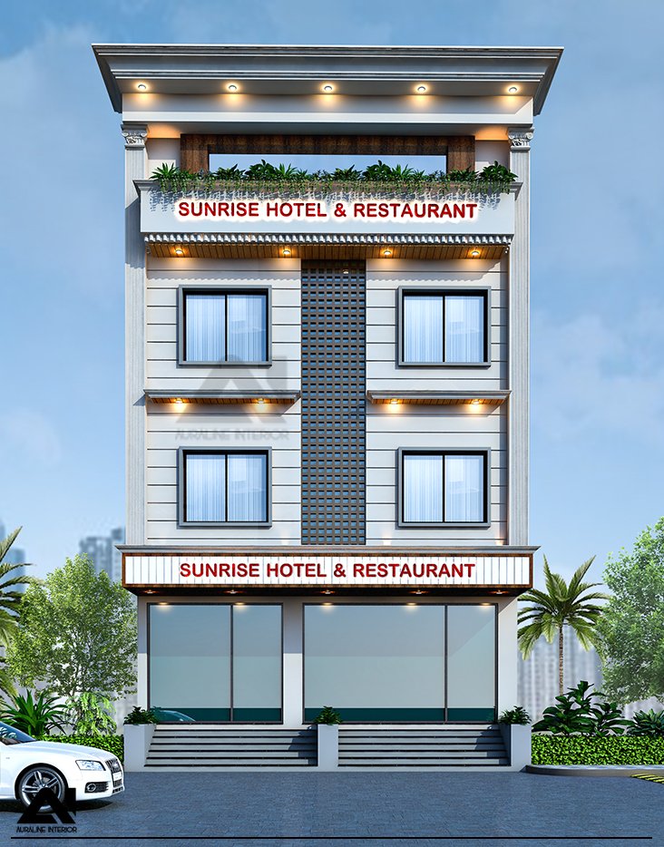 Hotel and restaurant commercial exterior design for client Mr Mukesh Kumawat