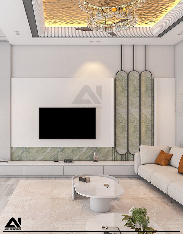 Contemporary drawing room interior with TV unit for client Mr Ramdhan
