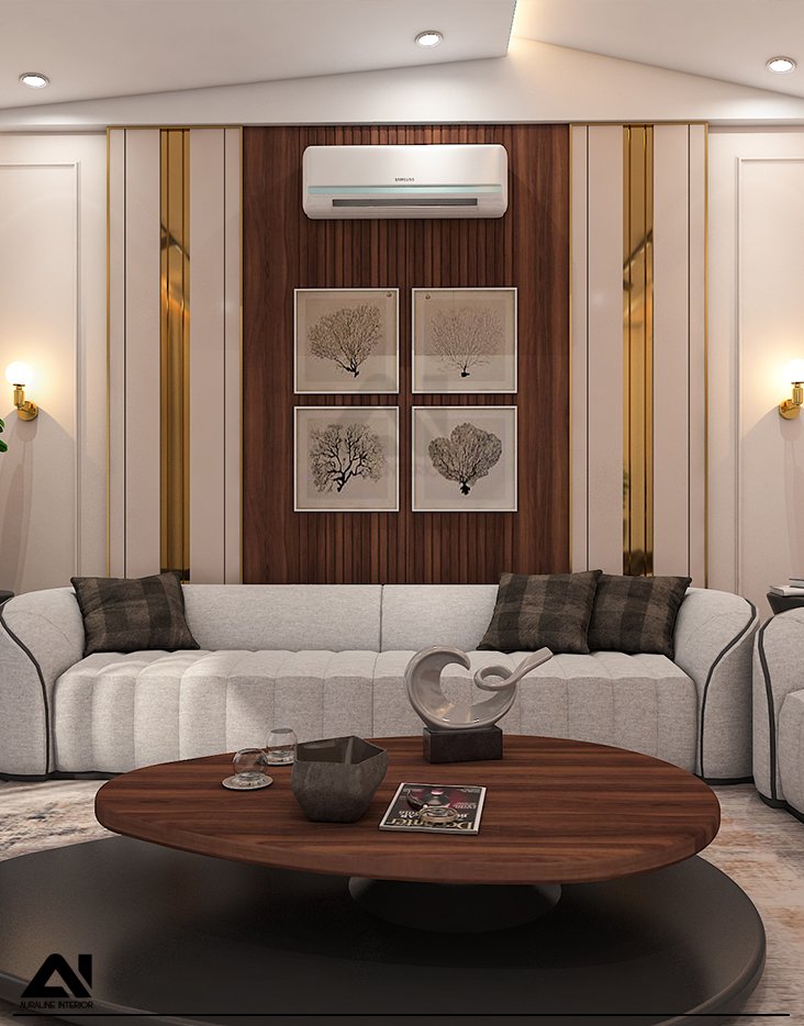 Luxury drawing room interior design with wooden details for client Mr Rakesh Kakani
