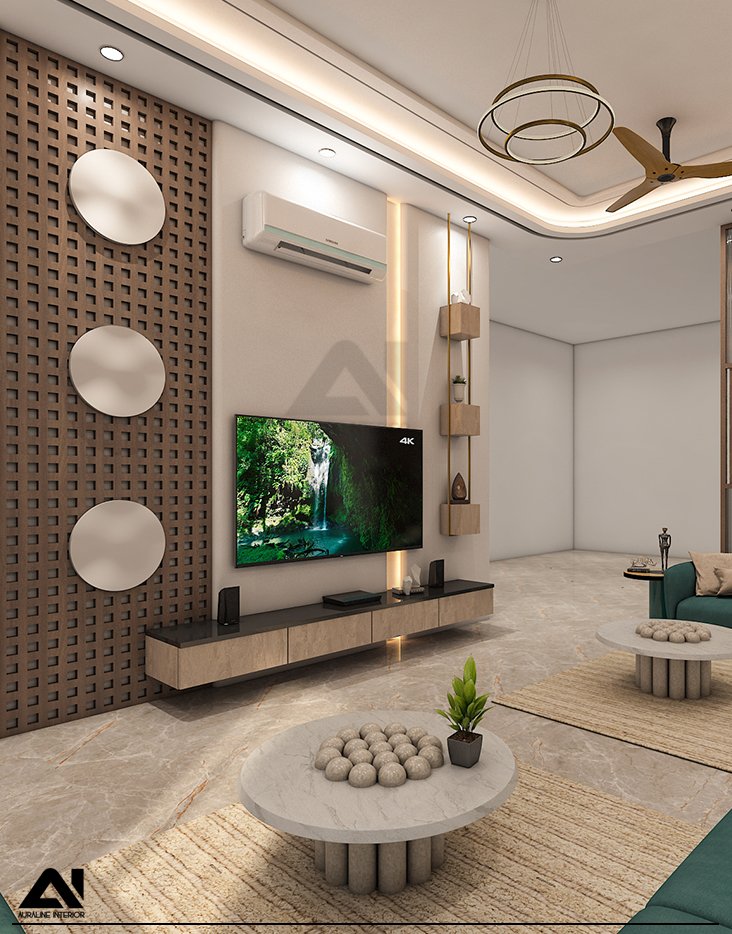 Contemporary drawing room interior and TV wall design for client Mr Neeraj