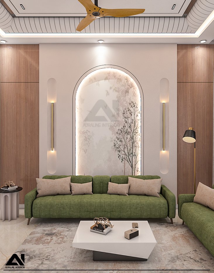 Modern drawing room interior with accent wall for client Mr Suresh Hemnani