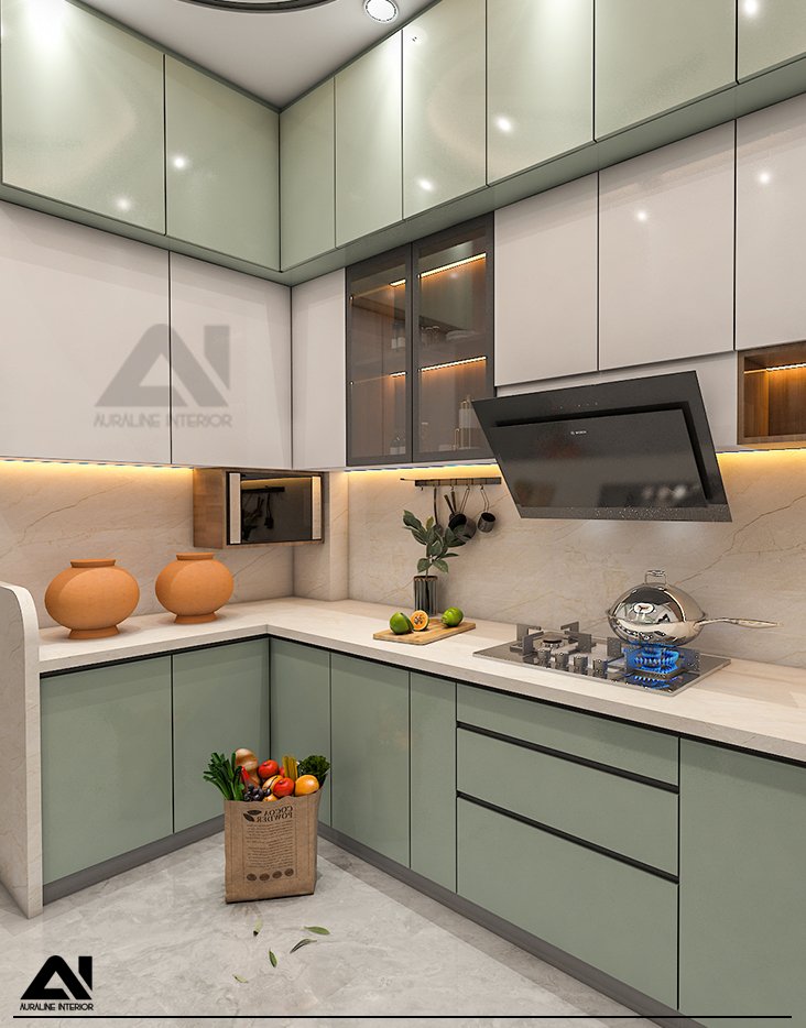 Modern modular kitchen with green cabinets for client Mrs Meenakshi
