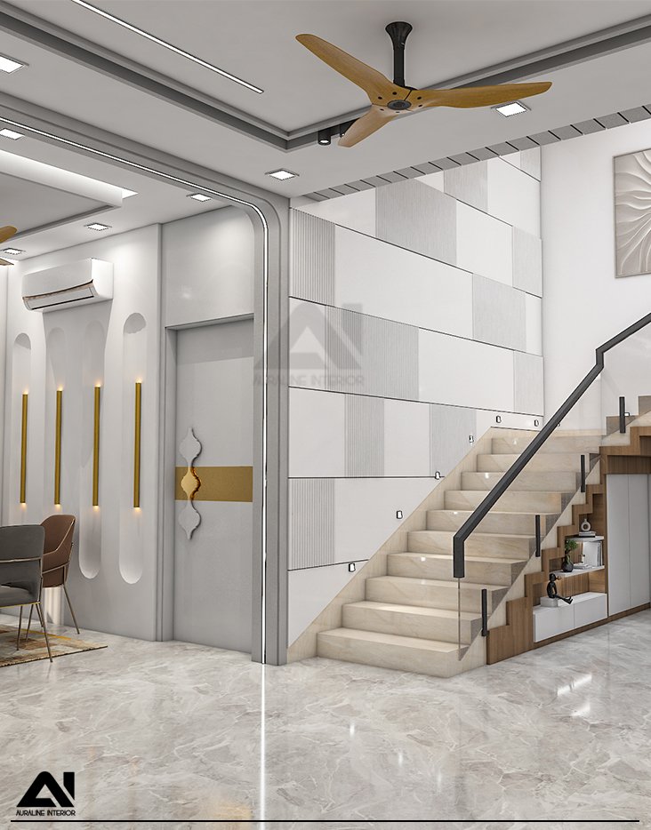 Contemporary living area interior with staircase for client Mr Deepak Modi