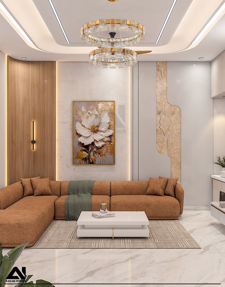 Modern living area interior with sofa and feature wall for client Mr Dinesh Bansal