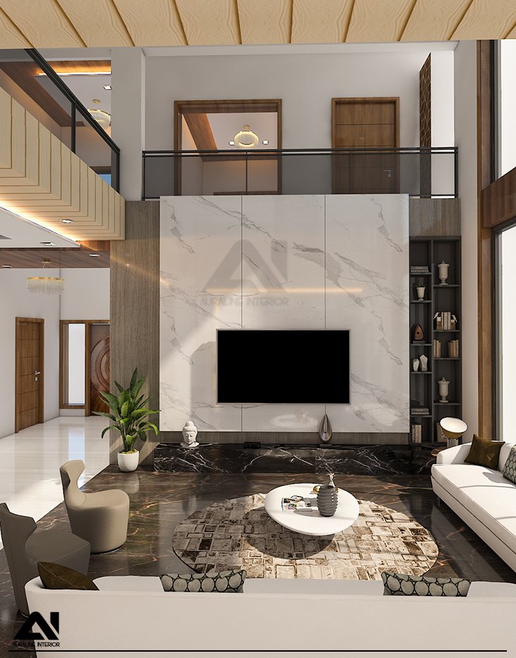 Modern living area with TV wall interior design for client Mr Chenaram Kadwa